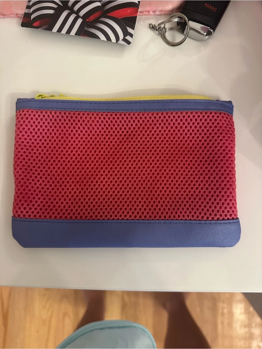 Colorblock Pink Mesh Wristlet Pouch with Blue Trim